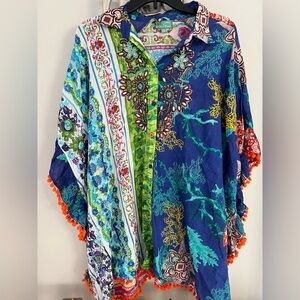 NEW Antica Sartoria Beaded Button Down Tassel Tunic Cover Up